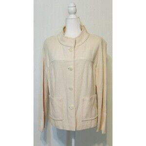 ST JOHN Women Size 14 Knit Neutrals Utility Jacket Stand Collar Slit Pocket FLAW